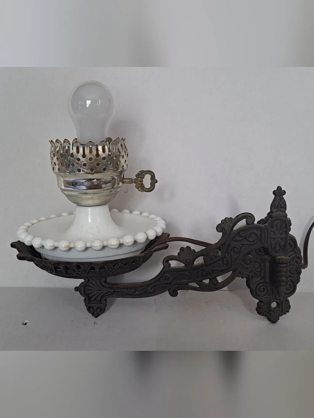 Small White Milk Glass & Hobnail Edge Electric Lamp With Cast Iron Wall Sconce